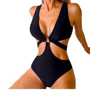 Deep V Neck One Piece Swimsuit O-Ring Swimwear Cut Out Bathing Suit NEW Black XL